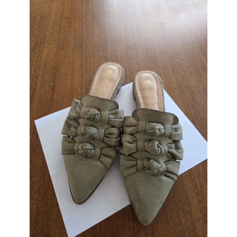 Mi.iM Jenelle Pointed Toe Mule Heels Block Heel Green Bow Women's 10M the buckle